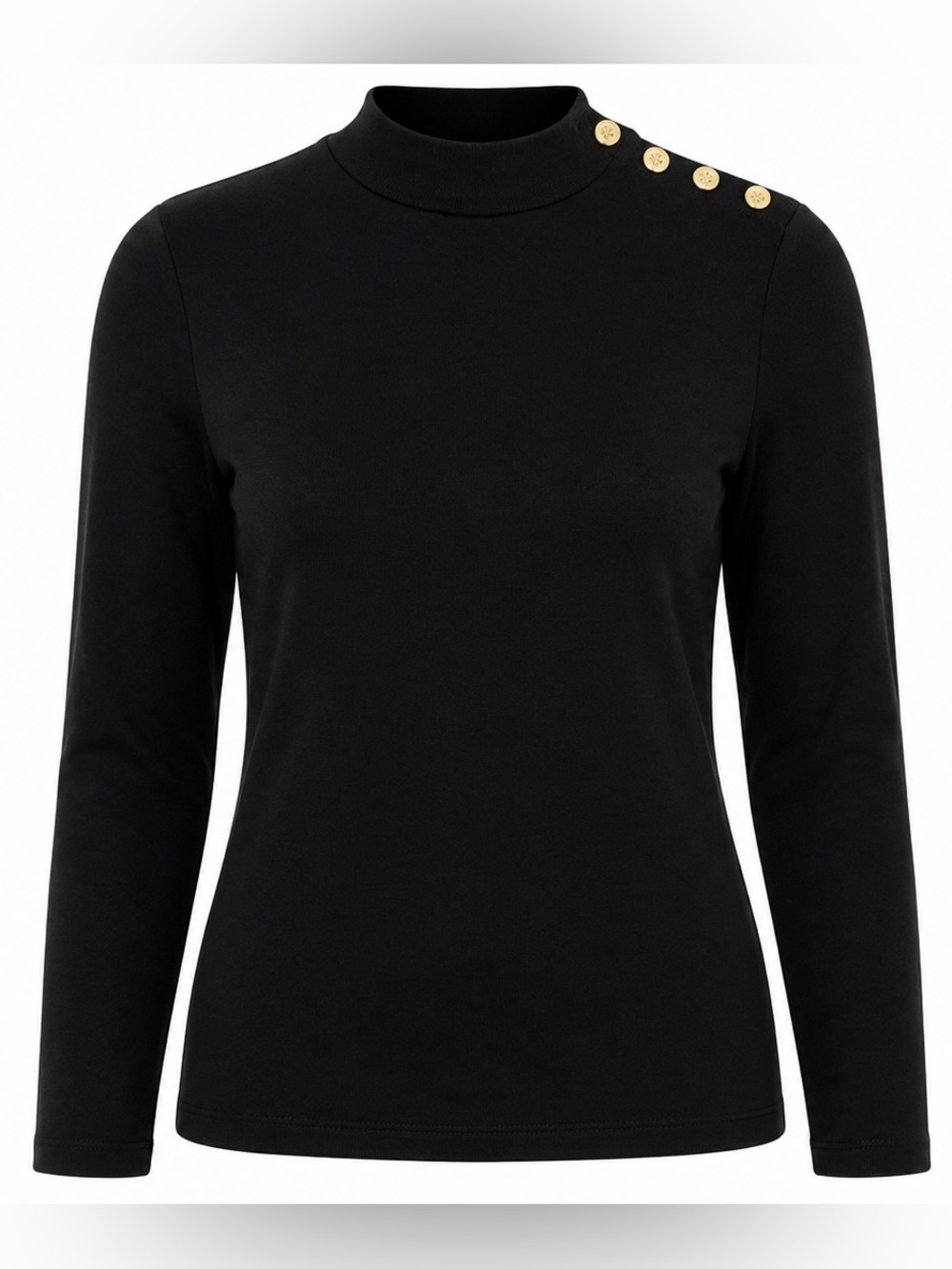 J.Crew Black Mock Neck Gold Button Shoulder Top Long Sleeve Stretch Knit Medium